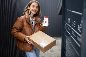 Girl with parcel and phone with smart delivery app