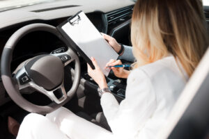 Woman signs a deal with a car dealership about buying, leasing car